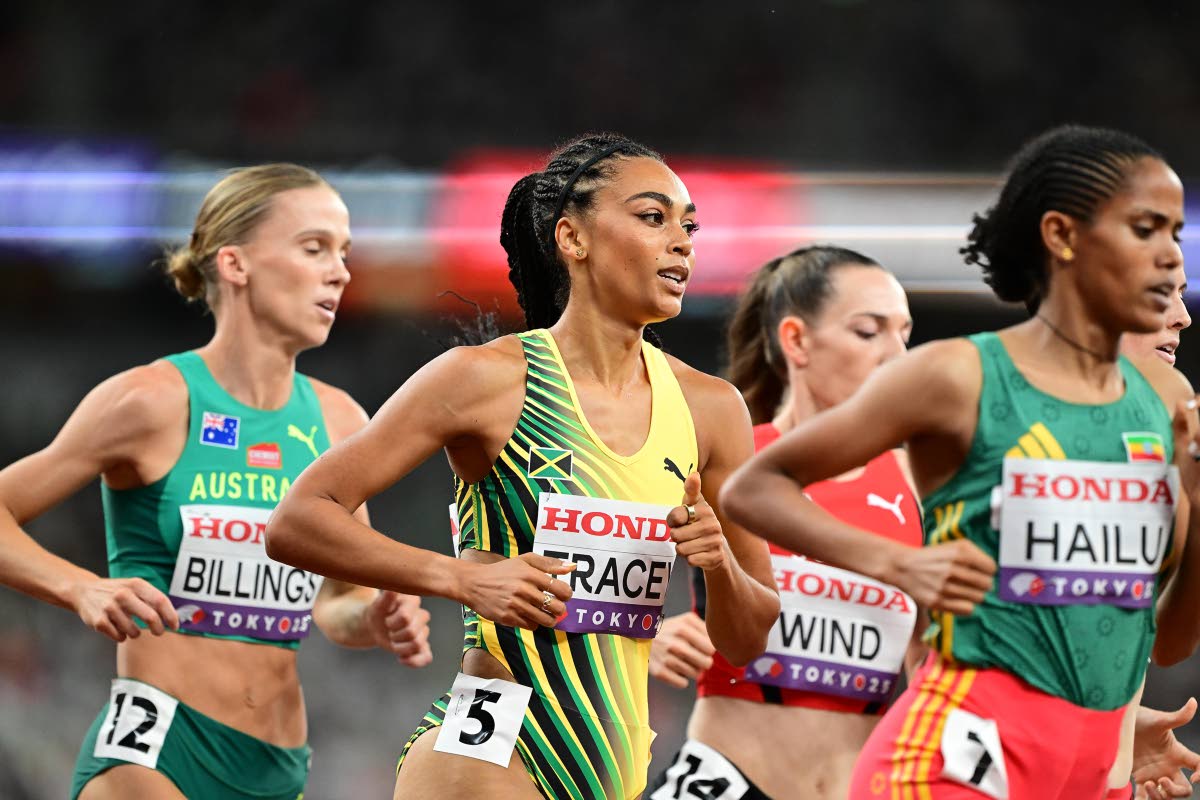 
Jamaica’s Adelle Tracey (centre) competing in the heats of the women’s 1500 metres at the Japan National Stadium in Tokyo yesterday.