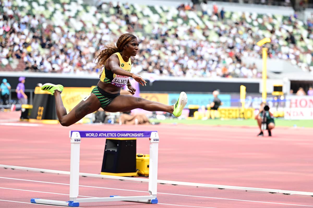 Jamaica's Shian Salmon competes in the heats of the women's 400m hurdles at the World Athletics Championships in Tokyo, Japan on September 15, 2025. 