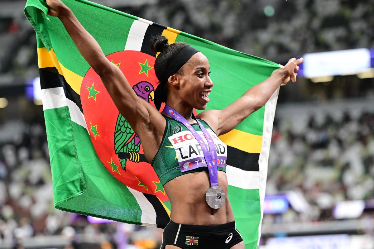 Thea LaFond of Dominica celebrates silver in the women’s triple jump final on day six of the World Athletics Championships. LaFond registered a season’s best 14.89 metres.