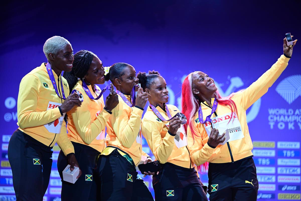 From left: Jodean Williams, Jonielle Smith, Tina Clayton, Tia Clayton and Shelly-Ann Fraser Pryce on the podium for the silver medal presentation for  the women’s 4x100 metres on day nine of the 2025 World Athletics Championships in Tokyo, Japan.   