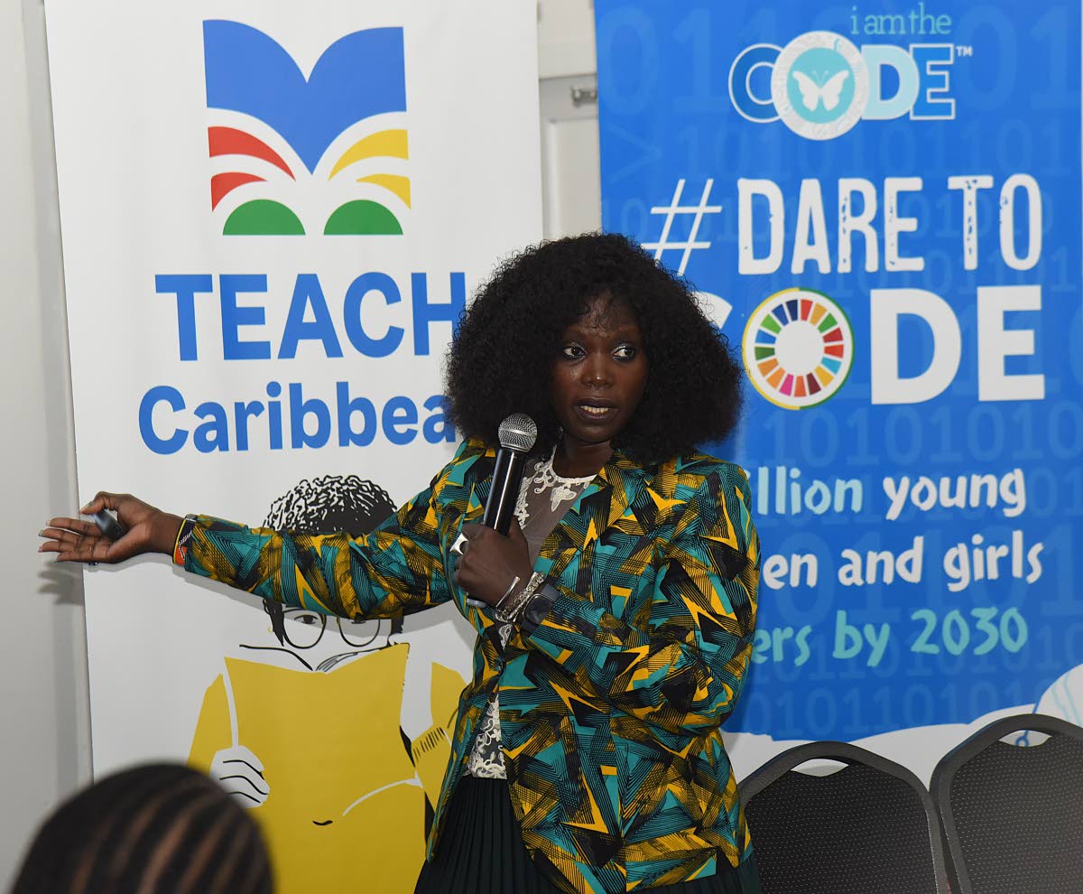 Lady Marieme Jamme, founder and CEO of IamtheCODE Foundation, making a presentation during the press launch for the local chapter of iamtheCODE Caribbean on Thursday.