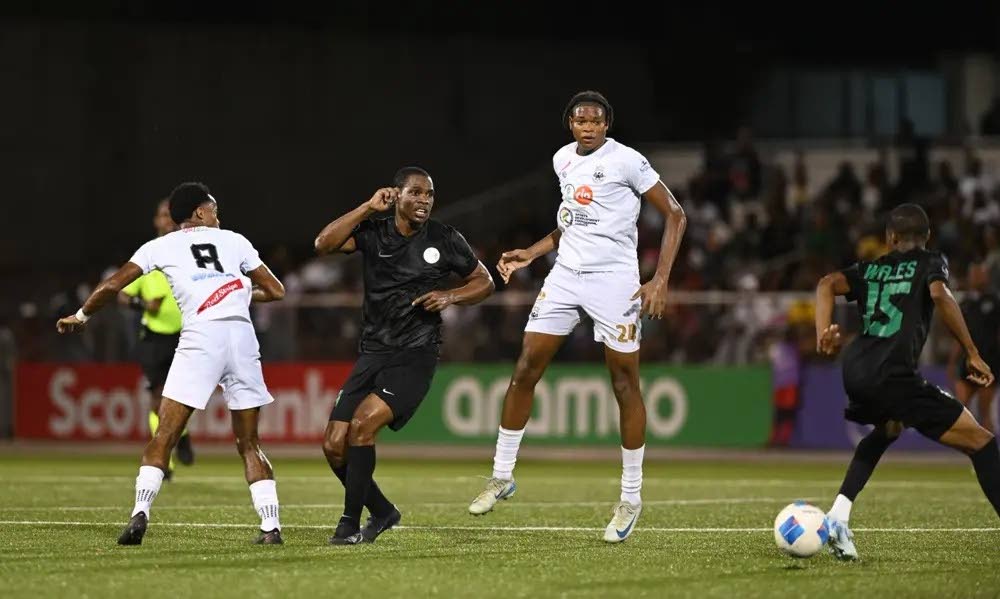 Action from Wednesday’s  2025 Concacaf Caribbean Cup Group match between hosts Weymouth Wales FC  and Cavalier FC (in white) at Wildey Turf in Bridgetown, Barbados.