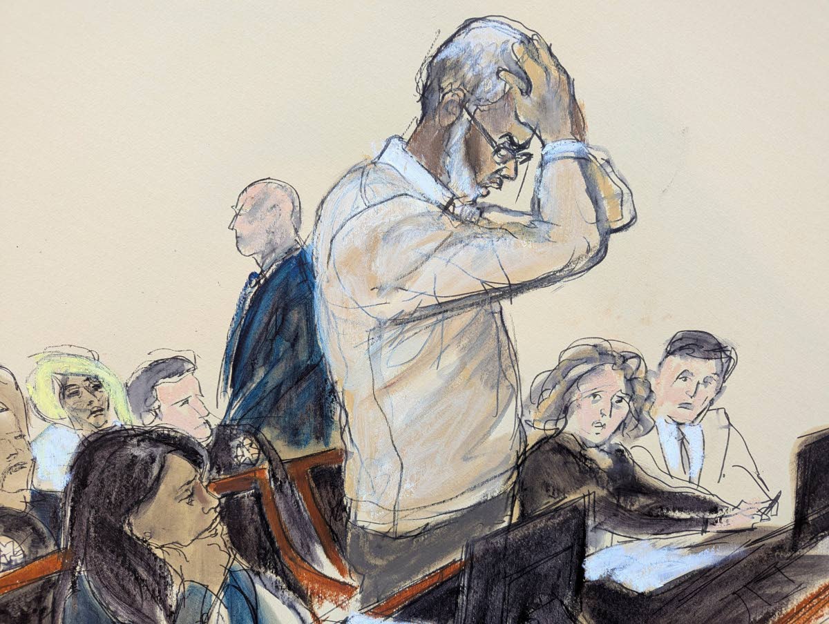 In this courtroom sketch, Sean ‘Diddy’ Combs reacts as he makes a statement during his sentencing hearing in Manhattan federal court, on Friday, in New York. 