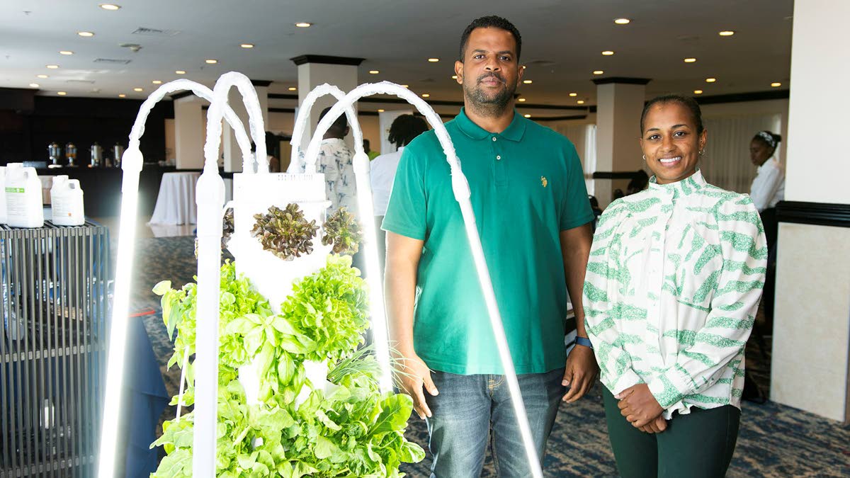 John Mark Clayton and Kerrie-Anne Gray, founders of Towerfarms Limited, a climate-smart agri technology company and the exclusive Caribbean distributor of aeroponic Tower Garden systems, show one of their units at the CCIC ScaleItUp Accelerator ‘Demo Day