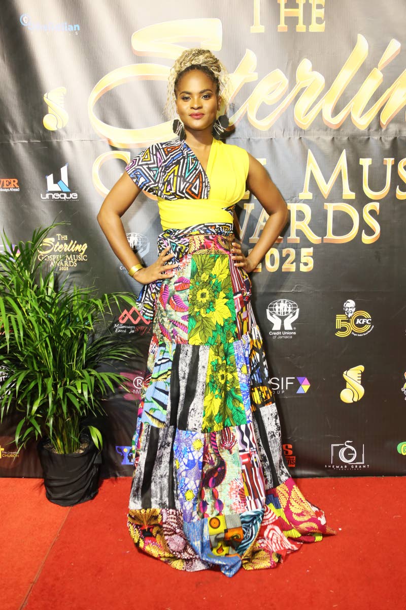 TOP: Actress Quera South wore MeLine Fashions and EtAl, walking the red carpet in a patchwork floor-length piece with statement earrings.