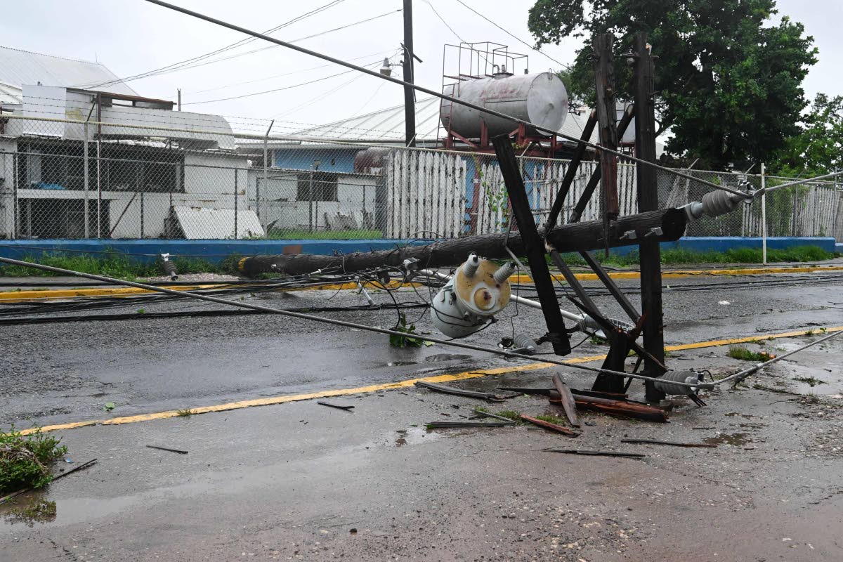 A downed light pole along Authur Wint Drive in St Andrew during the passage of Hurricane Melissa on October 28.