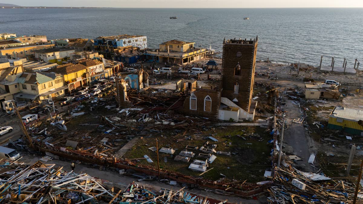 This aerial photo shows St. John Anglican Parish Church in Black River, St Elizabeth, razed by Hurricane Melissa.