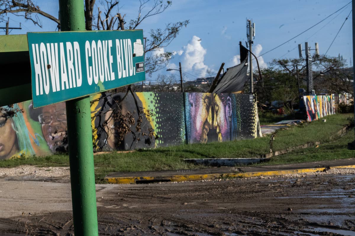 A damaged section of the iconic Wall of Entertainers at the Catherine Hall Entertainment Centre in Montego Bay, located on Howard Cooke Boulevard, following Hurricane Melissa.