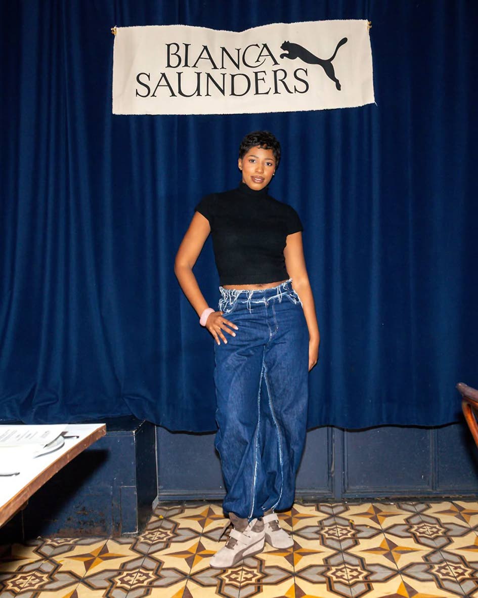 British-Jamaican menswear designer Bianca Saunders at a dinner event co-sponsored by PUMA last week in The Big Apple. She’s naturally rocking the brand’s latest sneakers. 