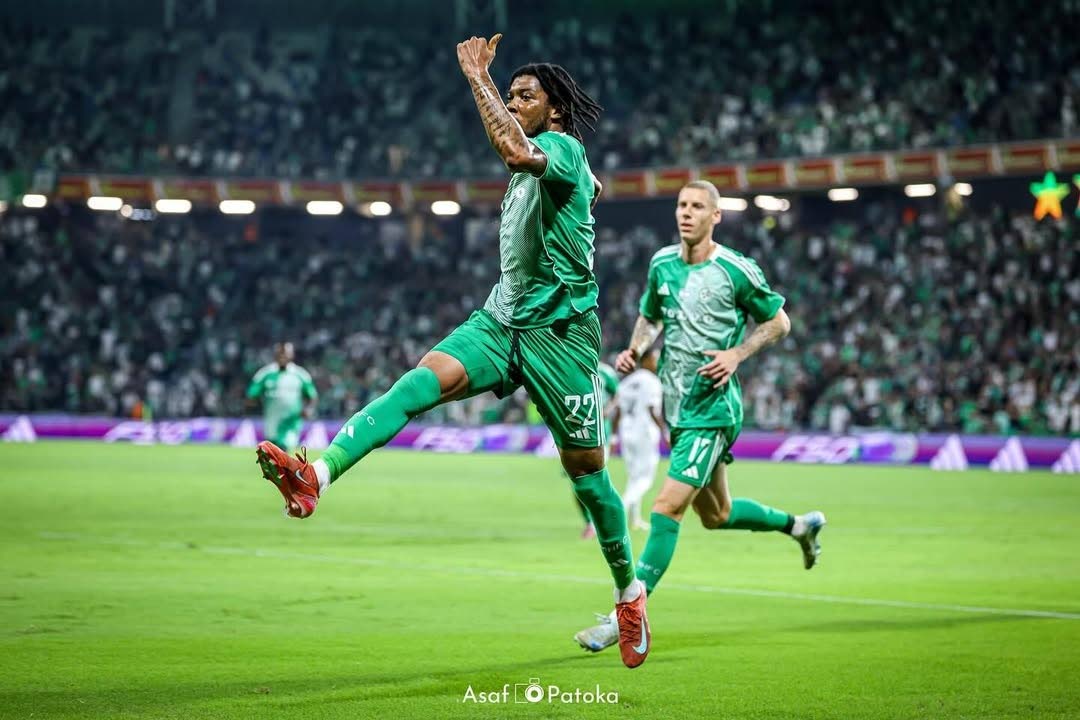 Trivante Stewart celebrates scoring a goal for Israeli club Maccabi Haifa.