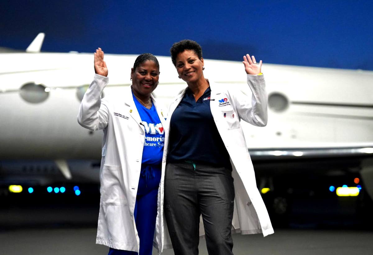 From left: Dr Dahlia Blake and Dr Je‑Anne Beaufort, physicians with Memorial Healthcare System, after donating more than 100,000 pounds of medical supplies to Jamaica in the wake of Hurricane Melissa.