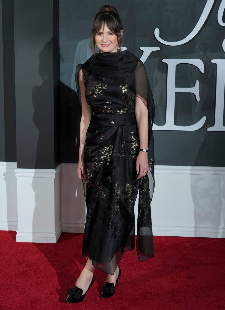 Emily Mortimer in a layered, metallic silk-organza and cloqué midi dress by Erdem.