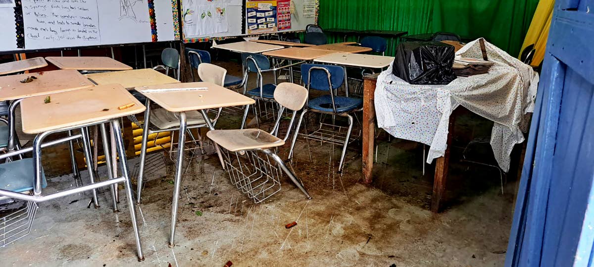 A classroom at Baxter’s Mountain Primary flooded during Hurricane Melissa on 28 October 2025.