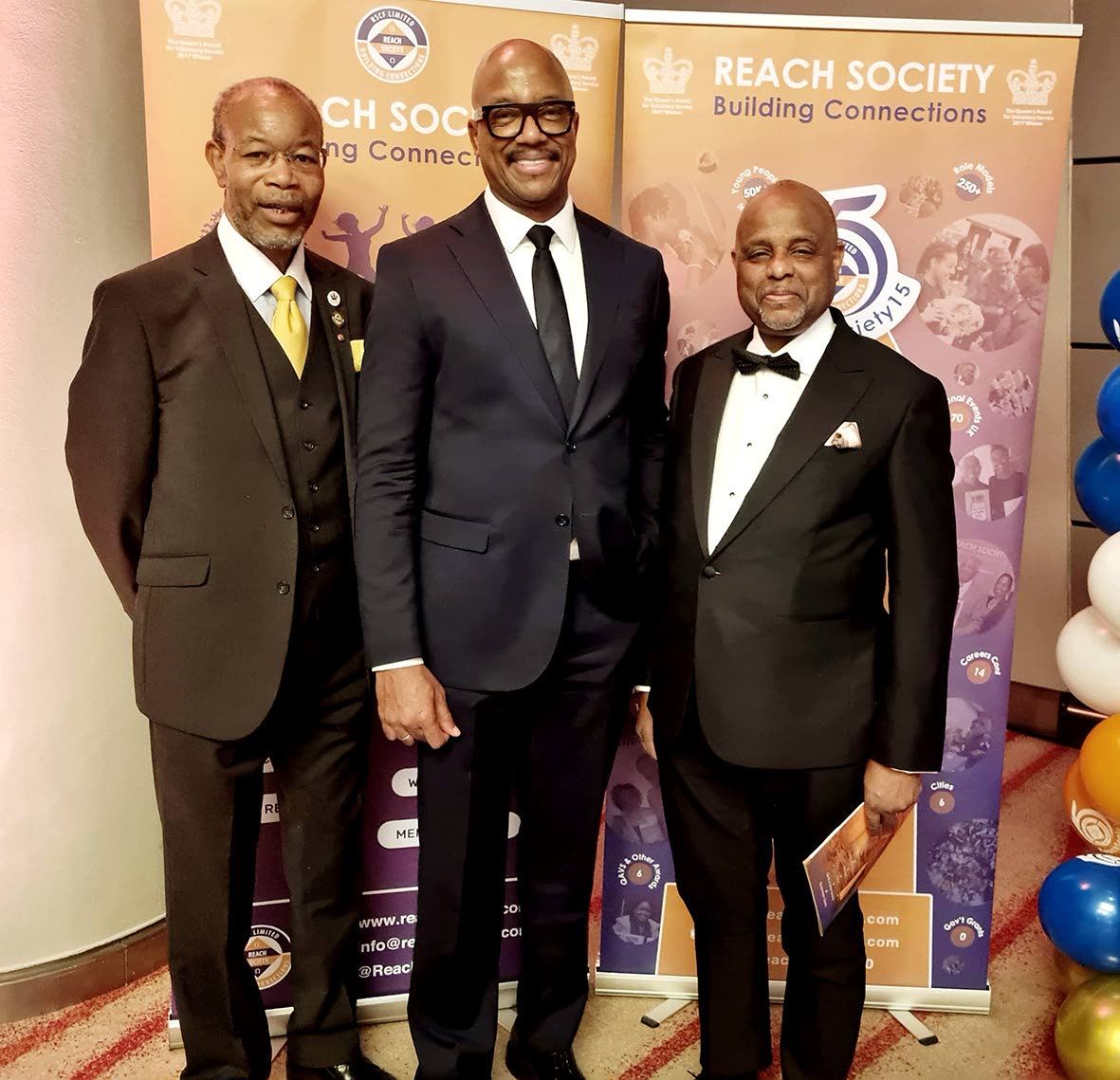 Professor Kevin Fenton CBE (centre), the recipient of the Sir Geoff Palmer Award is joined by Reach Society’s chairman Dr Dwain Neil OBE (left) and Jamaica’s High Commissioner, Alexander Williams.
