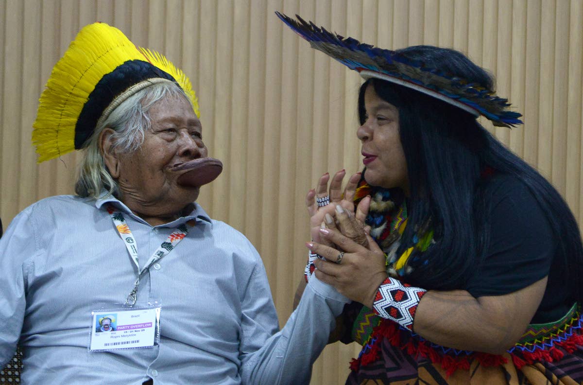Brazil’s Minister of Indigenous Peoples, Sonia Guajajara (right) with Brazil’s indigenous chief Raoni Metuktire at the Blue Zone at COP30. 