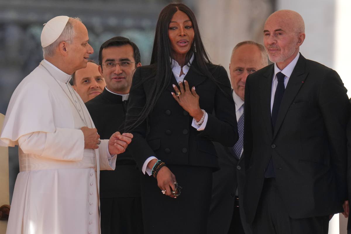 Naomi Campbell (centre) and Argentine film-maker Fernando Sulichin (right) meet Pope Leo XIV during the weekly general audience in St Peter’s Square at the Vatican on Wednesday.