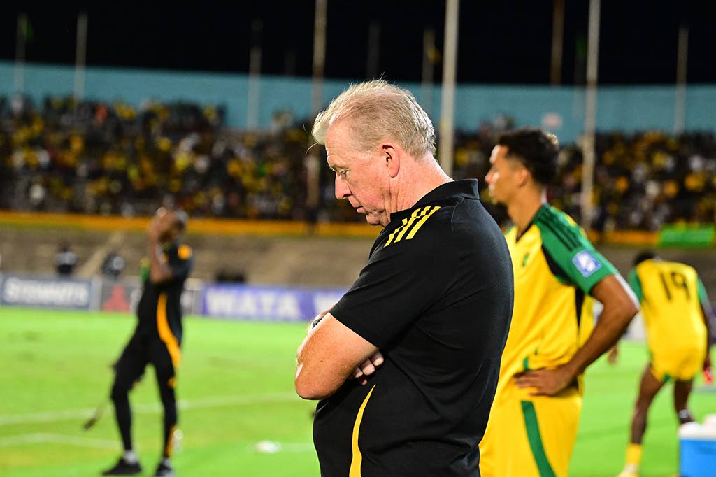 Former Reggae Boyz coach Steve McClaren paints a dejected picture after a 0-0 draw with Curaçao in a Concacaf World Cup Qualifier at the National Stadium on Tuesday, November 18, 2025.