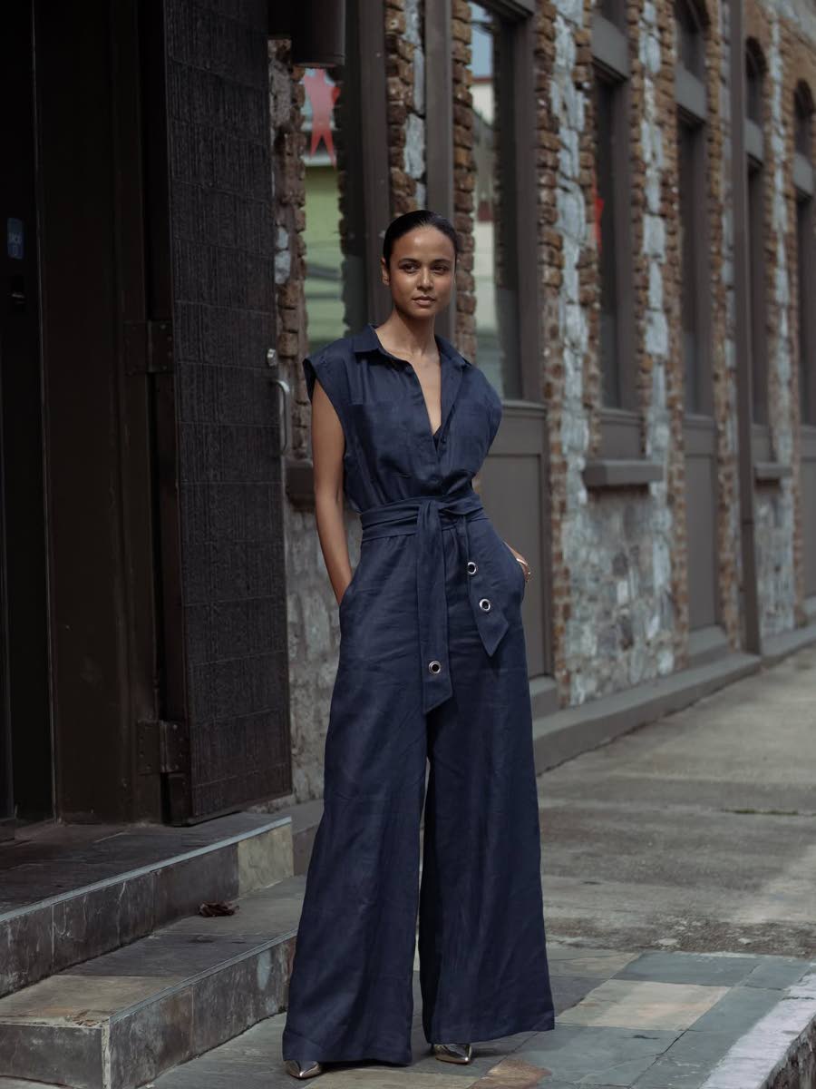 SAINT’s Trinidadian model Fariel Ali-Khan — lensed by Jordan Lhr —  in the M Pocket jumpsuit from designer Meiling Esau’s Capsule 24 collection.