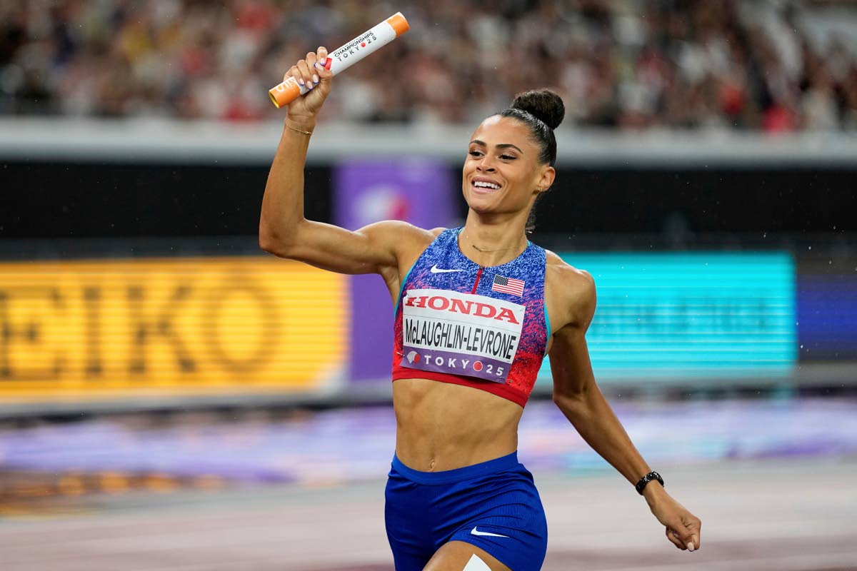 Sydney McLaughlin-Levrone crosses the finish line to win the women’s 4X400-metre relay at the World Athletics Championships in Tokyo on September 21.
