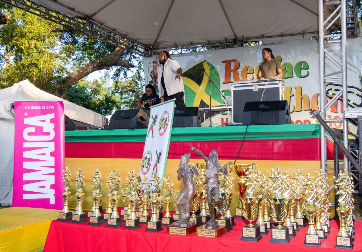 Reggae Marathon’s famous Bob and Rita Marley trophies sculpted by Basil Watson.