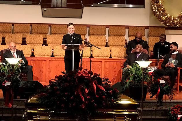 Minister of Foreign Affairs and Foreign Trade of Jamaica, Senator Kamina Johnson Smith, delivers a tribute at the service of thanksgiving for her life at Community Baptist Church in Englewood, New Jersey.