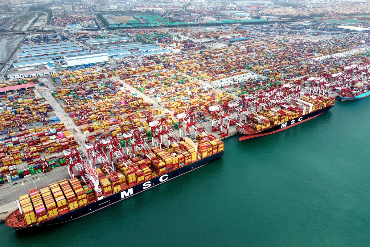 
An aerial view of a container terminal in Qingdao in eastern China’s Shandong province on October 9, 2025. 