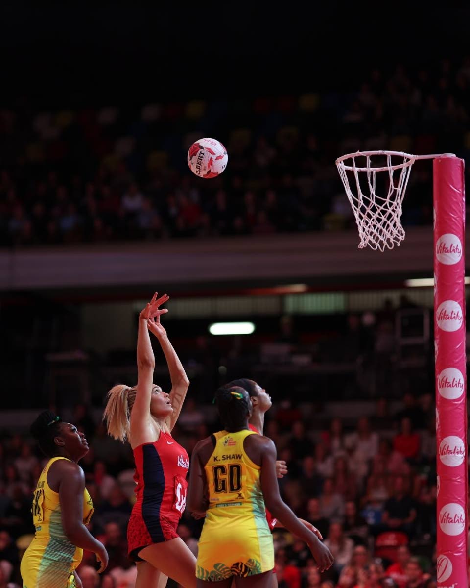 England’s goal shooter takes a shot during the first Test of the Horizon Vitality Netball series against Jamaica at the Copper Box Arena on December 13, 2025.