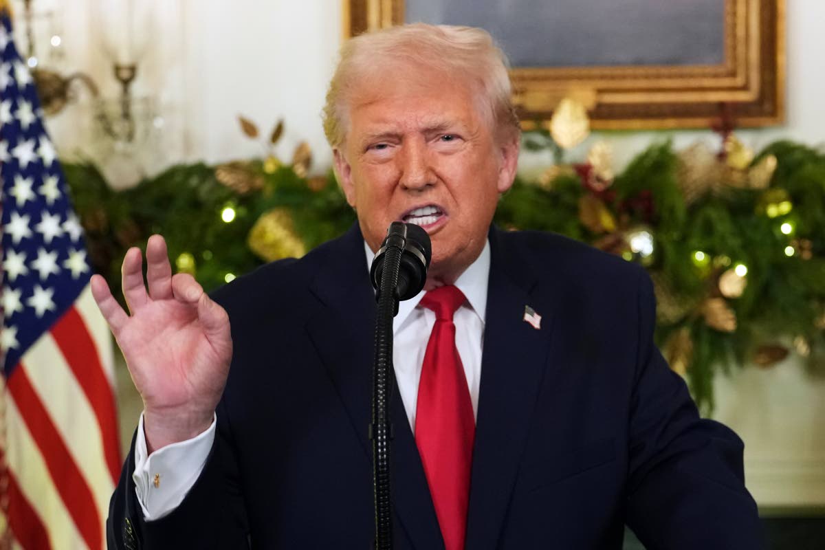 President Donald Trump speaks during an address to the nation from the Diplomatic Reception Room at the White House.