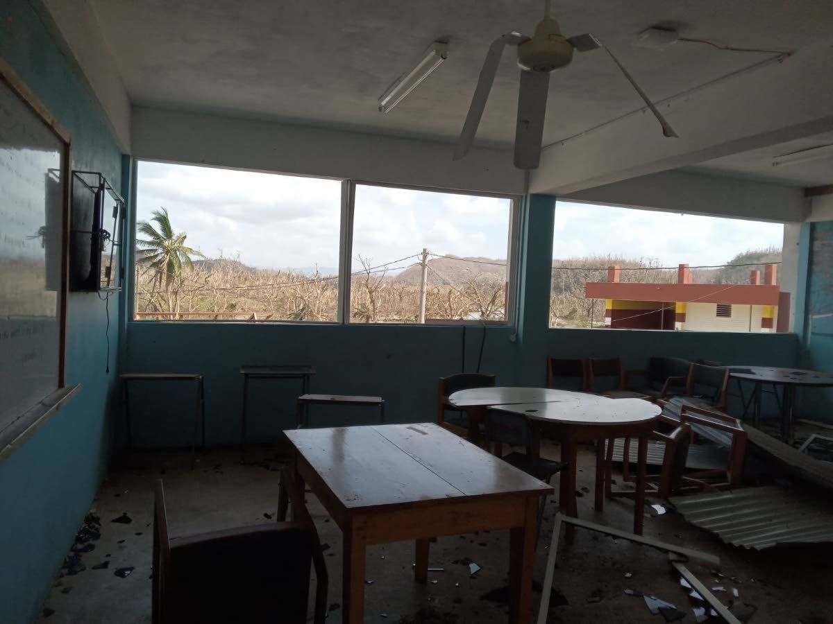A classroom at the St Elizabeth-based Maggotty High School with all its windows blown out by Hurricane Melissa.