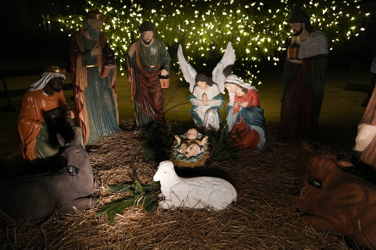 
A Nativity scene is illuminated by a Christmas tree on Payrow Plaza in Bethlehem, Pennsylvania, known as ‘Christmas City, USA’, on December 1, 2024.