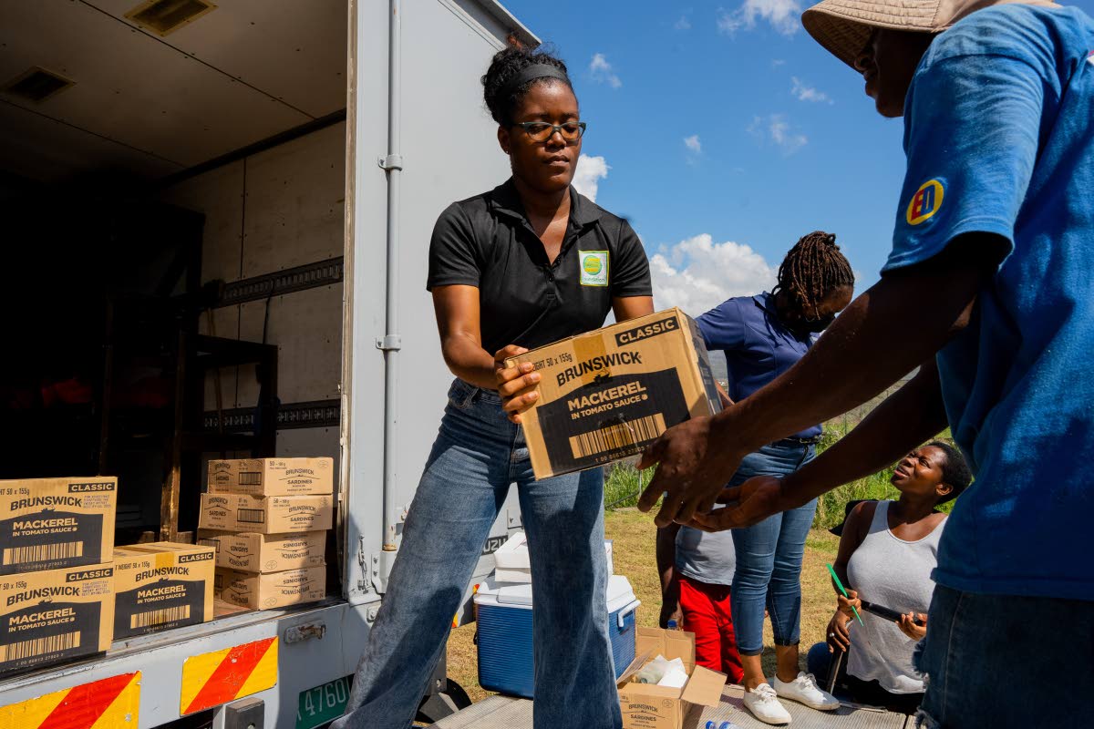 Vanessa Nelson, project and programme coordinator at the Seprod Foundation, lifts a box of mackerel donated by Brunswick during a recent relief mission in Seaford Town, Westmoreland. 