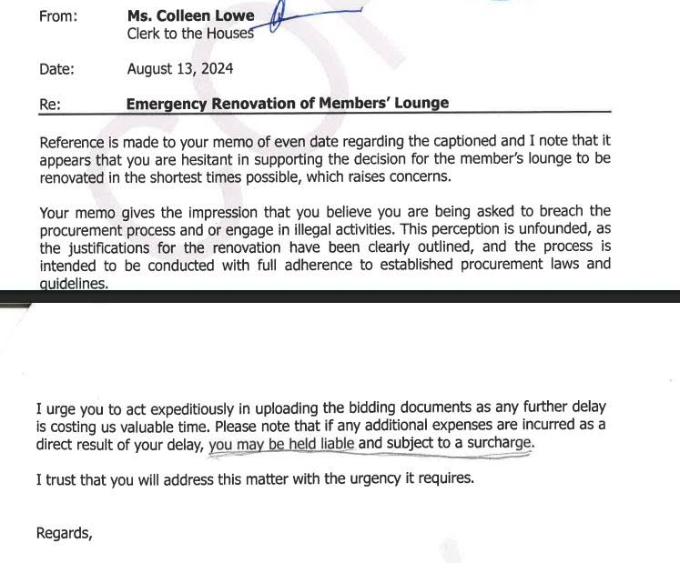 Excerpt from an August 13, 2024 internal memo by Clerk Colleen Lowe, obtained by The Sunday Gleaner, outlining her position on procurement apparent concerns related to the Members’ Lounge renovation.