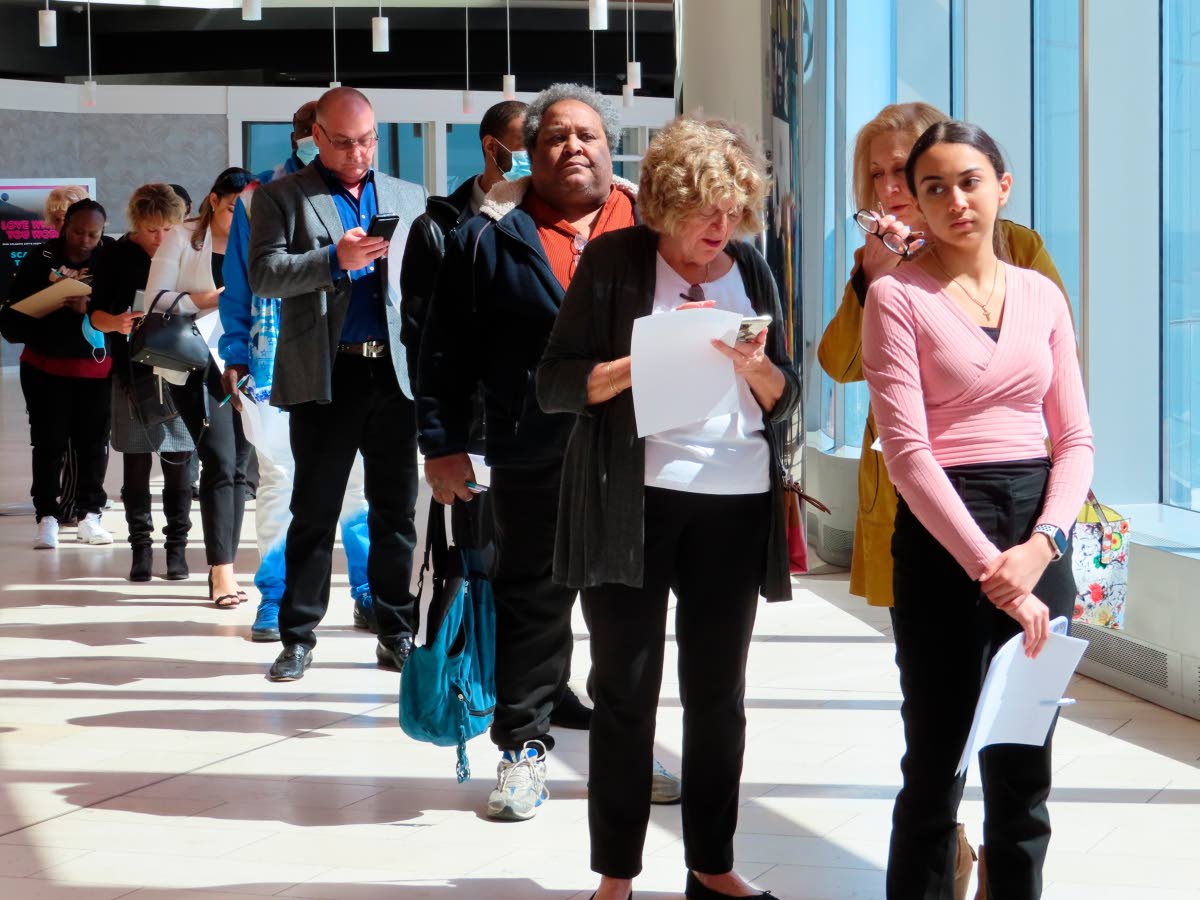 Applicants line up at a job fair in New Jersey. 