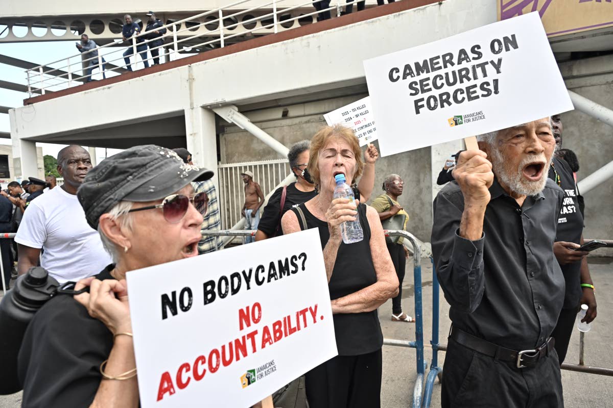 Dr Carolyn Gomes (left), former executive director of Jamaicans for Justice (JFJ), and JFJ chairman Horace Levy at the JFJ End Police Violence Peaceful Protest at Half Way Tree Transport Centre in April 2025.