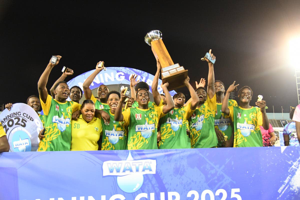 Manning Cup champions Excelsior High celebrating at the National Stadium on December 18, 2025.