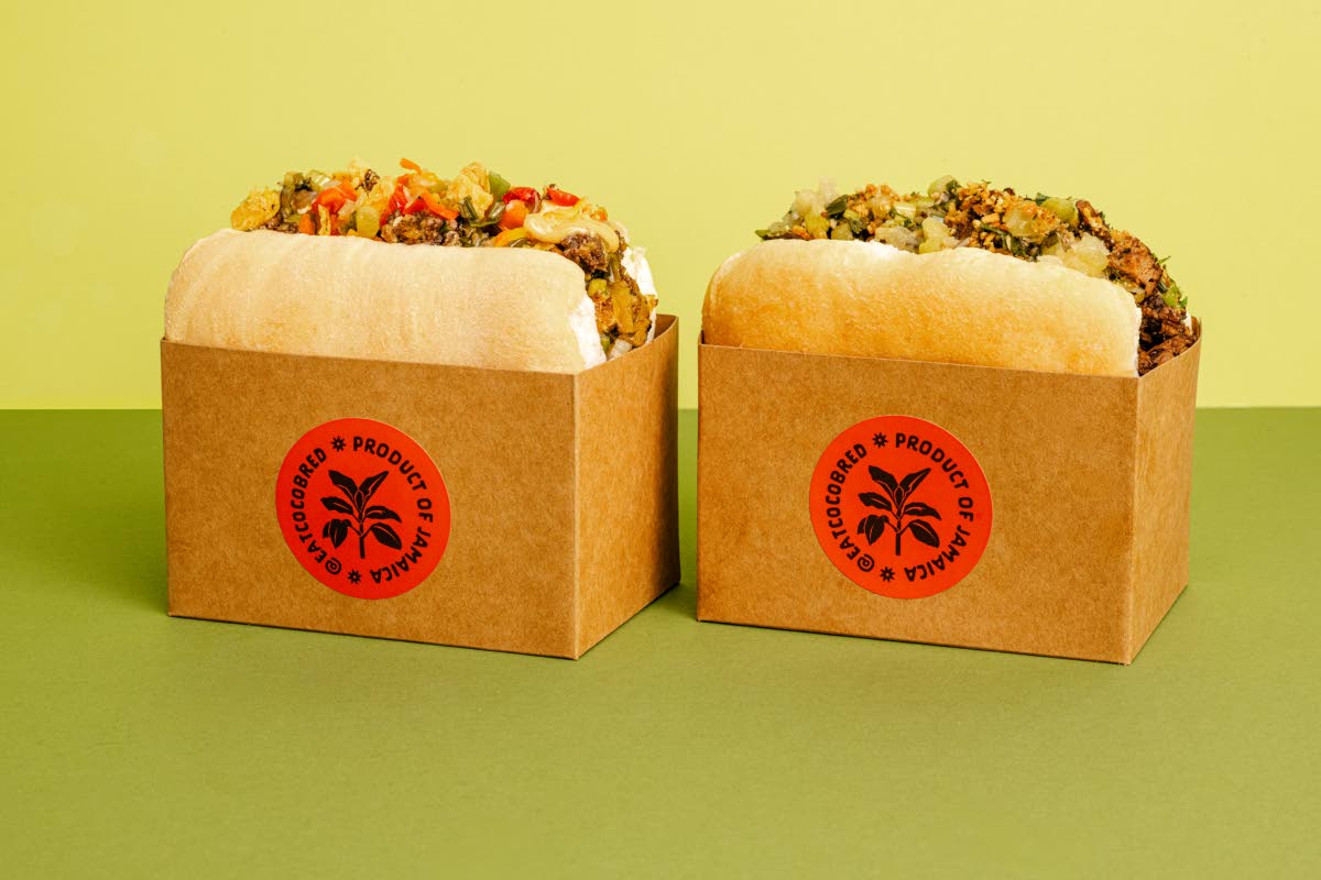 The Jamaican chopped cheese (left), chopped Jamaican beef patty, cheese sauce, scallion-ginger sauce, pickled Scotch bonnet relish and the jerk bird,  jerk chicken, scallion-ginger sauce, pickled pineapples and plantain crunch.