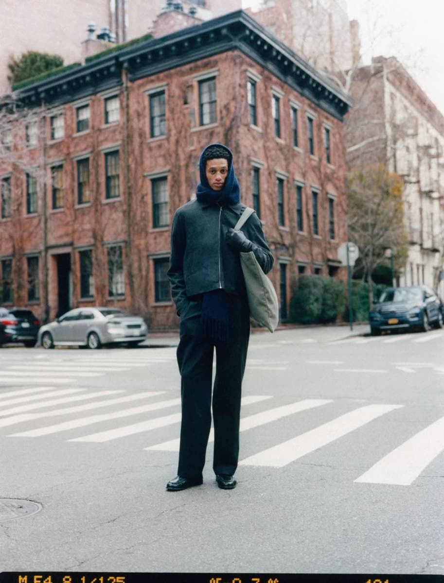 Lensed on the streets of Lower Manhattan last month, SAINT’s Dixon rocks the Colorado jacket, pleated trousers and a cashmere scarf from Daniel Simmons’ Winter collection. 