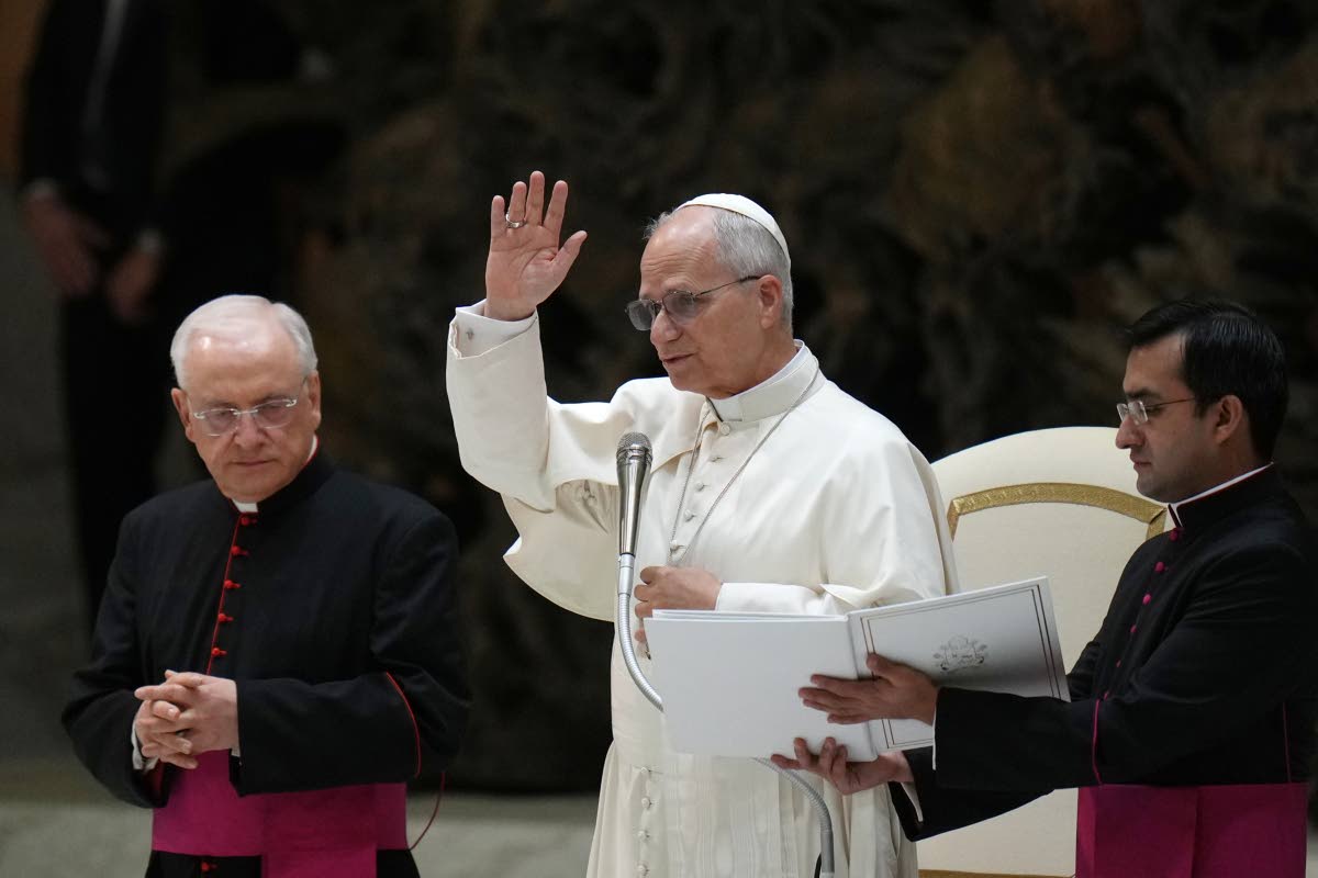 Pope Leo XIV holds his weekly general audience in the Paul VI Hall at the Vatican, Wednesday, January 7, 2026.
