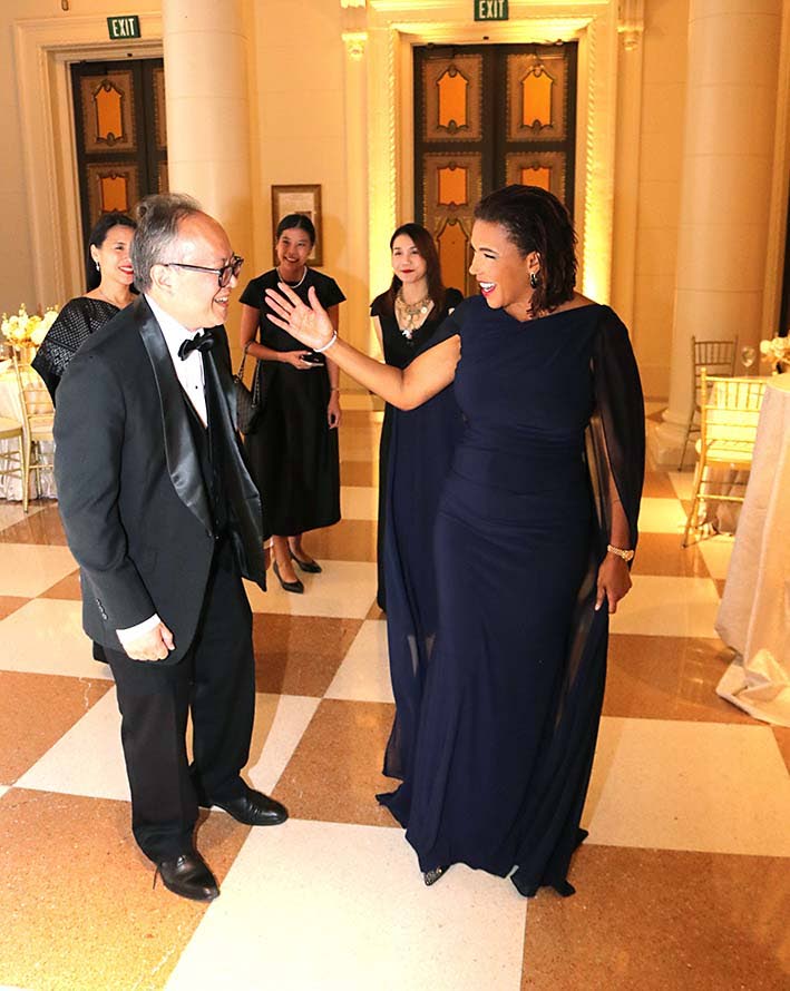 Minister in the Office of the Prime Minister with responsibility for Efficiency, Innovation and Digital Transformation, Ambassador Audrey Marks (right), shares a light moment with Thailand’s Ambassador to the United States, Dr Suriya Chindawongse, who wa