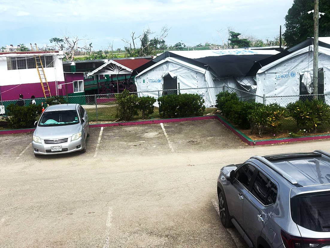A view of several tents erected on the compound of the William Knibb Memorial High School in Trelawny, to serve as classroom spaces for the institution’s students following damage to the property during the passage of Hurricane Melissa on October 28, 202