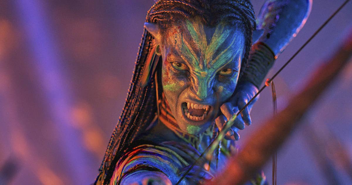 This image released by Disney shows Neytiri, performed by Zoe Saldana, in a scene from Avatar: Fire and Ash’. 