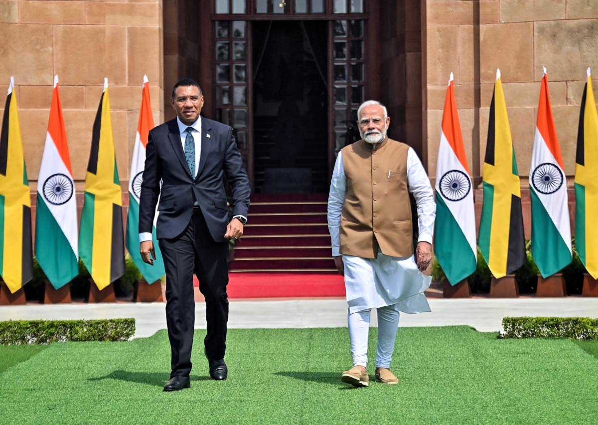 In this October 2024 photo Indian Prime Minister Narendra Modi (right) is seen with Andrew Holness, prime minister of Jamaica, at Hyderabad House, New Delhi during Holness’ visit to India. 