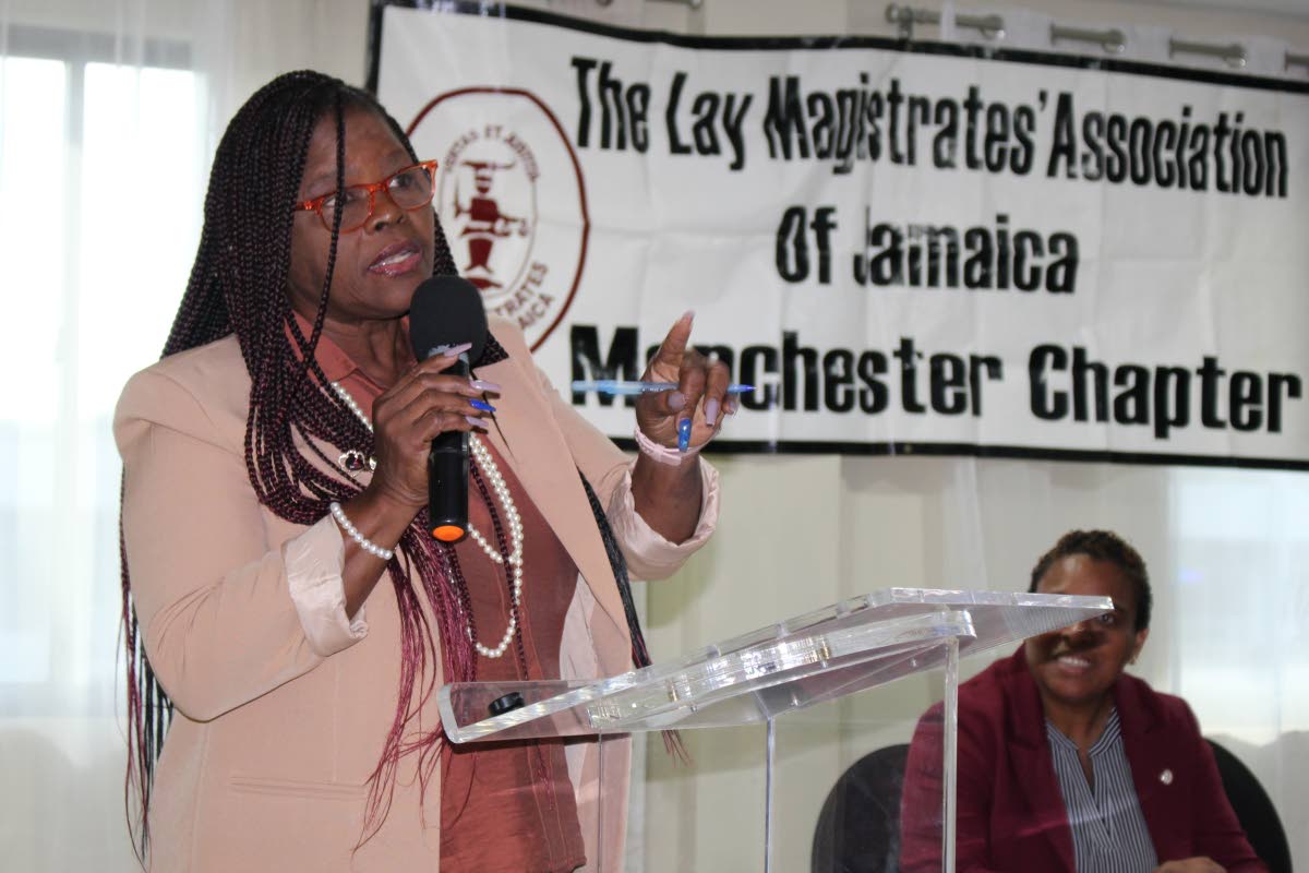 Newly installed President of the Lay Magistrates’ Association of Jamaica, Paulette Kirkland, delivers the keynote address at the half-yearly meeting of the Manchester Chapter of the LMAJ, held on January 22 at the Golf View Hotel in Mandeville. 