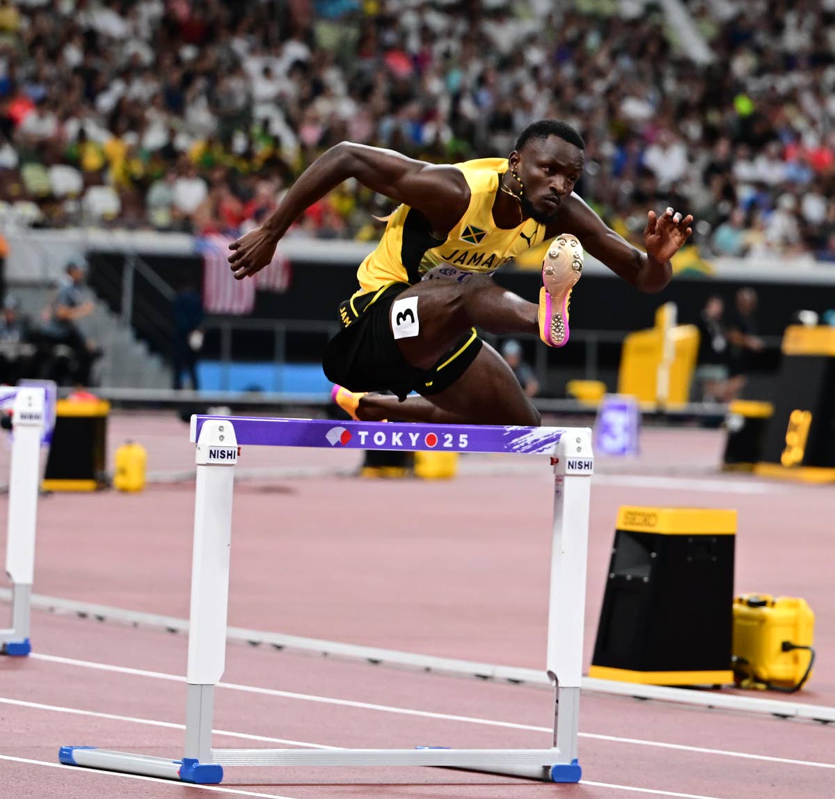 
Jamaica’s Assinie Wilson competes in the men’s 400m hurdles at the World Athletics Championships at the Japan National Stadium in Tokyo, Japan on Monday, September 15, 2025. 