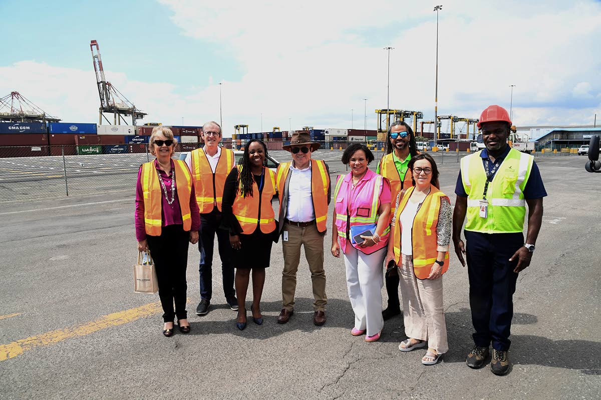 Members of the EU delegation and the Shipping Association of Jamaica team at Kingston Freeport Terminal Limited.