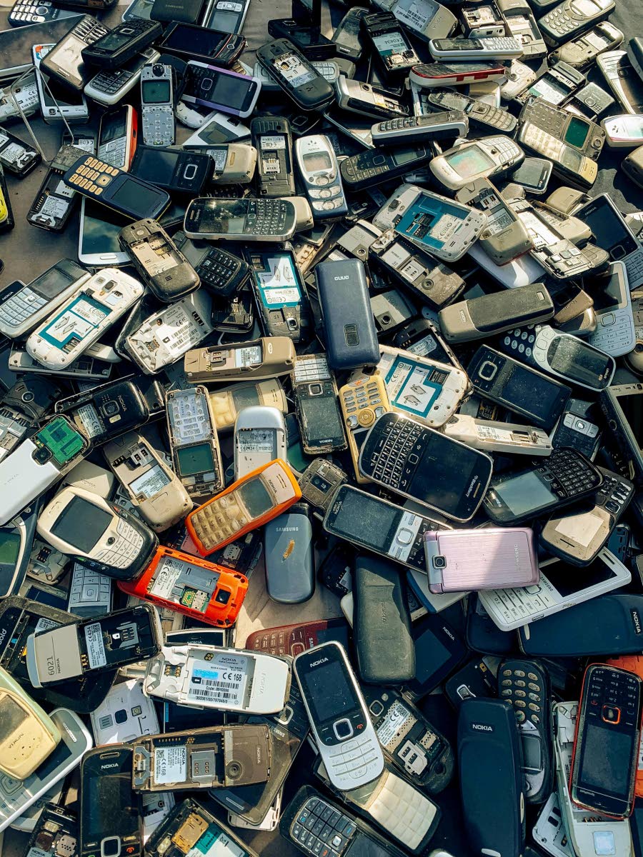 Old discarded cellphones are seen an an e-waste dump.
