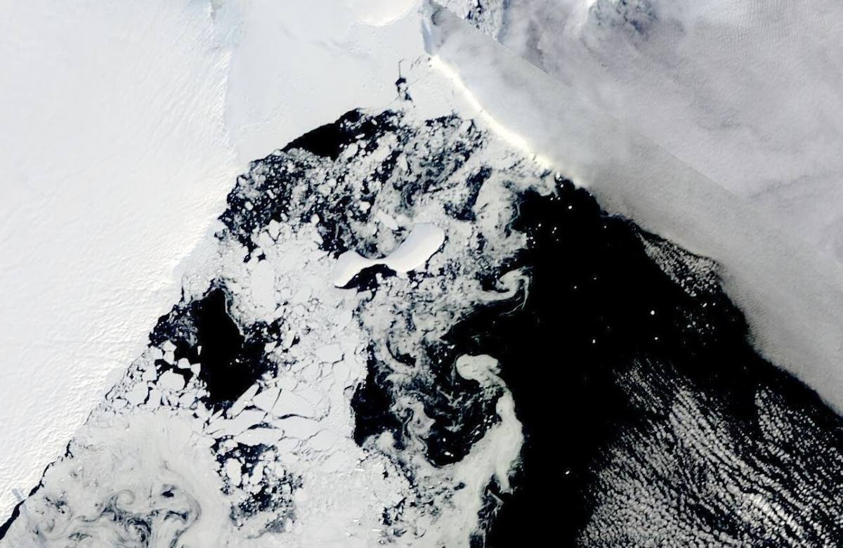 This satellite image provided by NASA, shows icebergs that formed through an ice shelf collapse. Dozens of Antarctica’s ice shelves, floating extensions of glaciers, showed significant shrinking between 1997 and 2021.