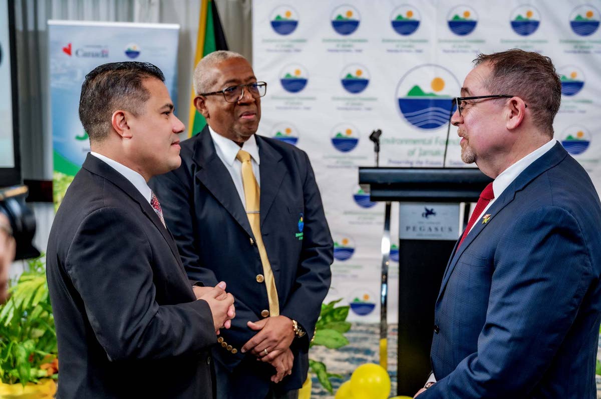 From left: Matthew Samuda, Minister of Water, Environment andClimate Change; Professor Dale Webber, chairman of the Environmental Foundation of Jamaica; and Mark Berman, High Commissioner of Canada to Jamaica in discussion at the launch of the J-USE projec