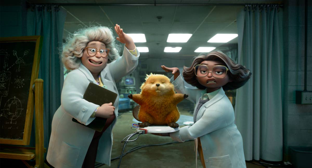 Dr Sam, voiced by Kathy Najimy (left), and Nisha, voiced by Aparna Nancherla, in a scene from the animated film ‘Hoppers’. 