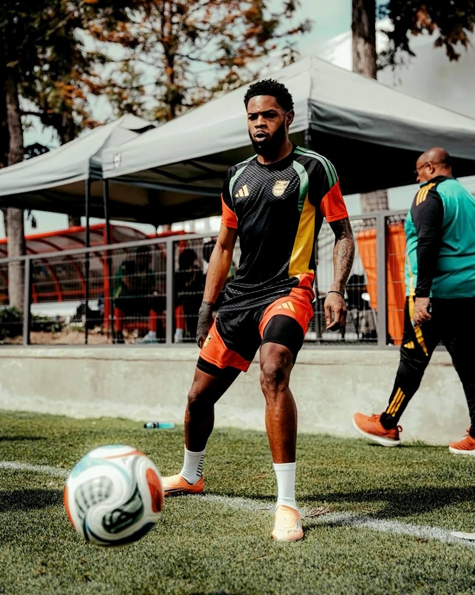 Reggae Boyz defender Ronaldo Webster gets ready to control a ball during a training session ahead of a Intercontinental Play-off final against the Democratic Republic of Congo today.